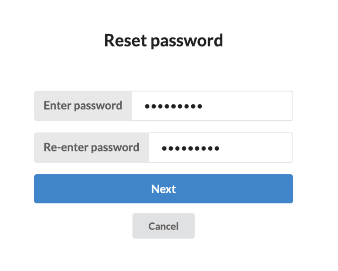 Screenshot of password reset page